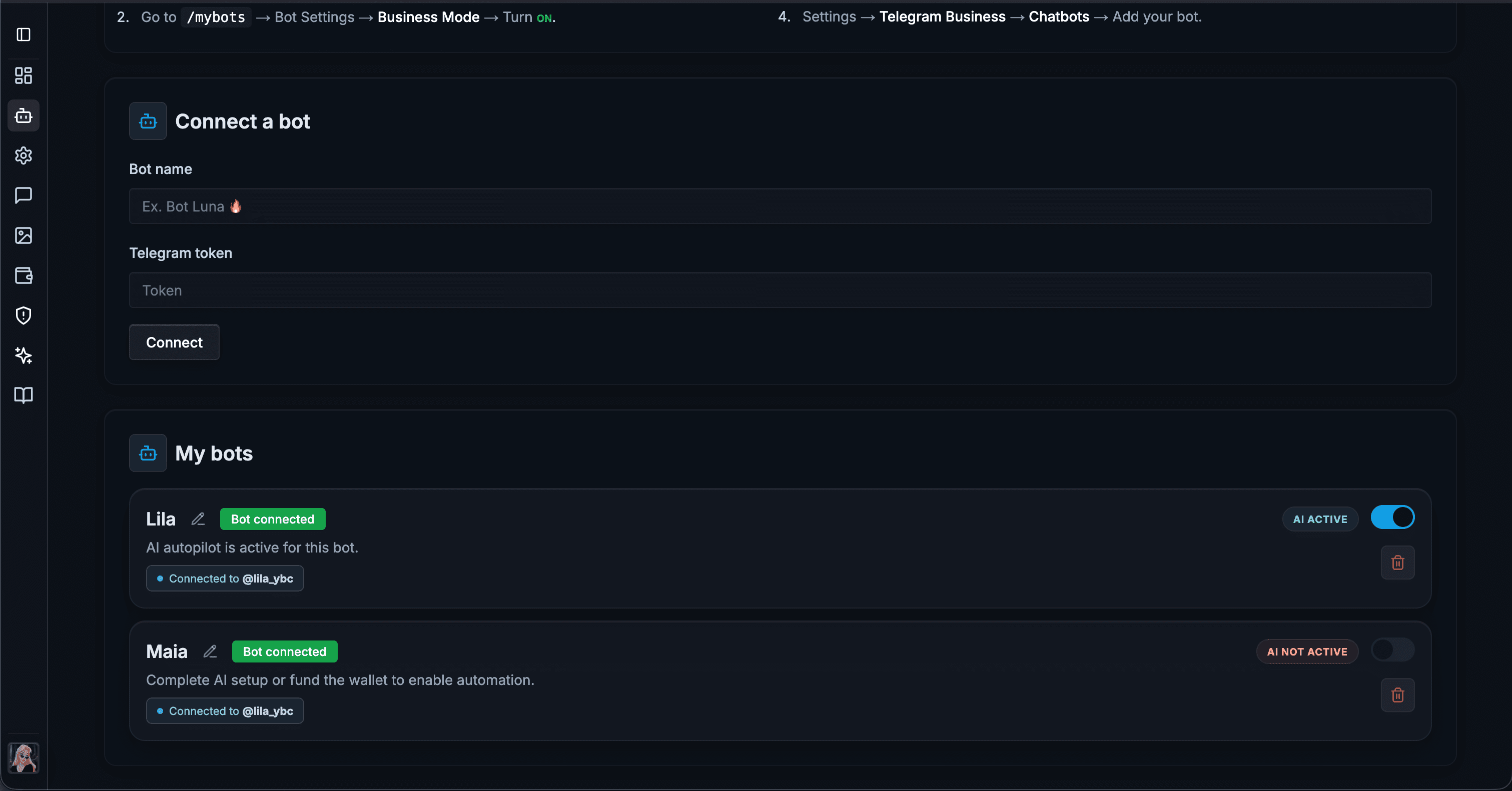 Connect your Telegram bot to your profile